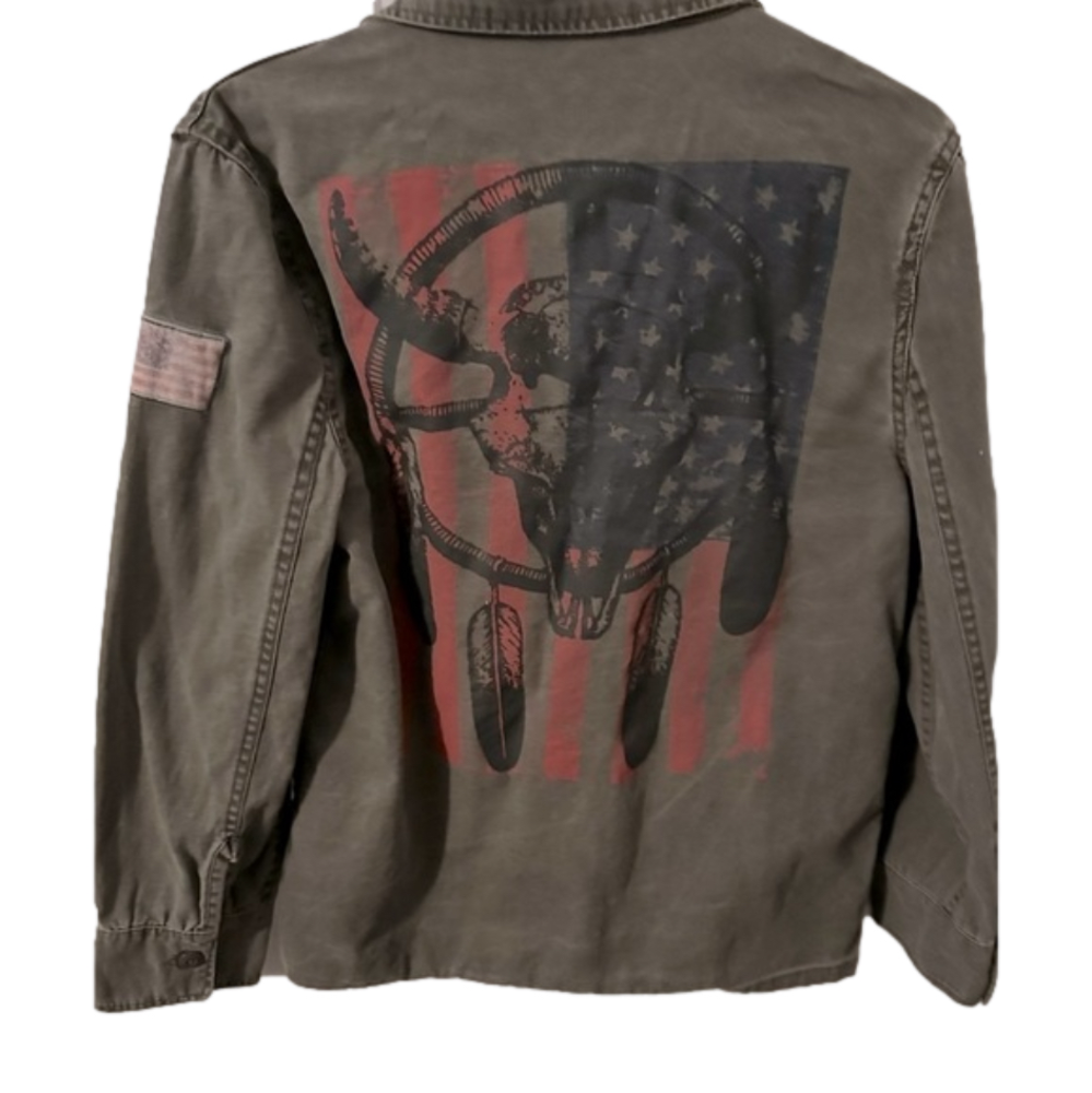KNOT SISTERS Army Green Graphic Print Jacket - Vintage Look -  Large - EUC